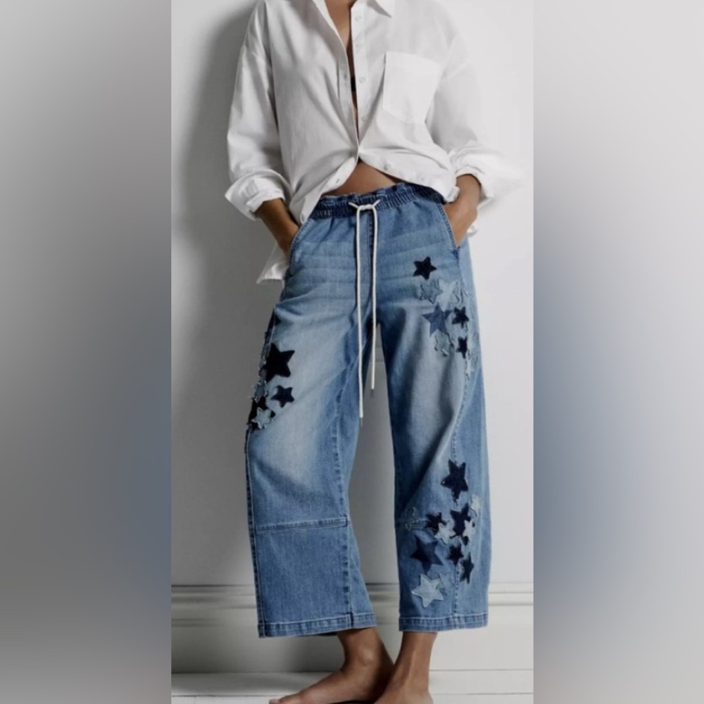 Pilcro Anthropologie barrel wide leg jeans with star design